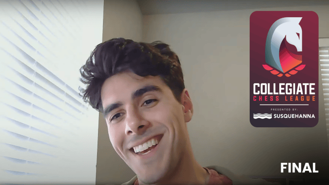 Smiling Aryan Tari in front of a window; Collegiate Chess League logo displayed nearby. The image conveys excitement and focus. Text: "FINAL."