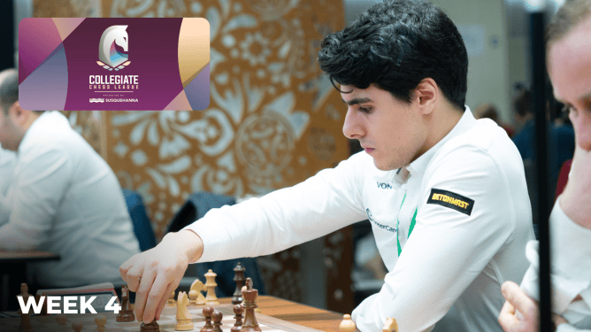 A focused young man in a white shirt plays chess at a tournament table. A "Collegiate Chess League" logo appears above, with "Week 4" text below. The atmosphere is intense.